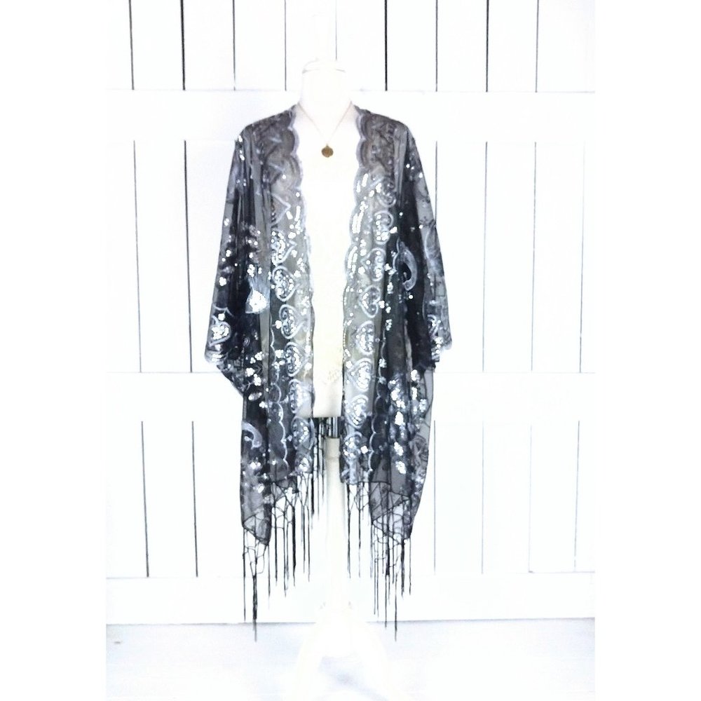 Sheer black net metallic silver sequin peacock fringe gypsy festival kimono/bead - Picture 1 of 5
